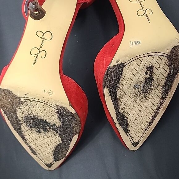 Jessica Simpson Postrie Pump Red Suede Stiletto Heels Ankle Strap Pointed Toe - Picture 4 of 9